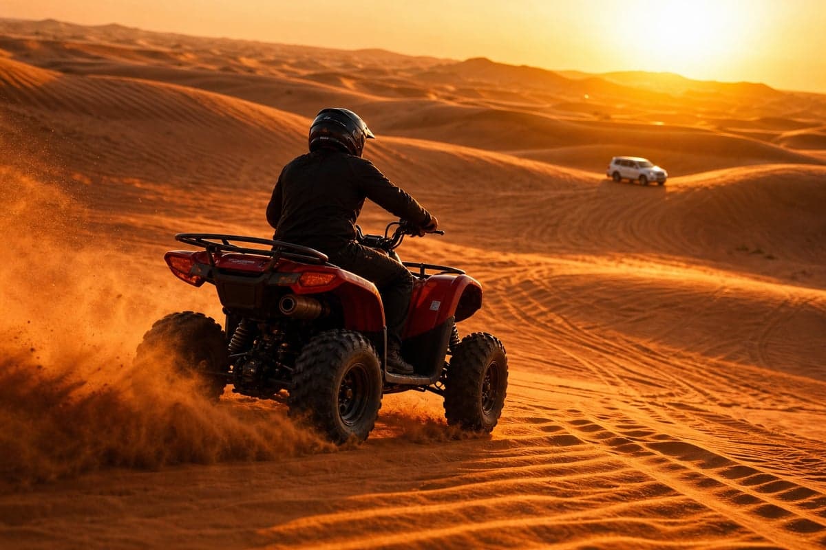 Red ATV quad bike mid-action on Dubai red sand dunes with safari Land Cruiser in background