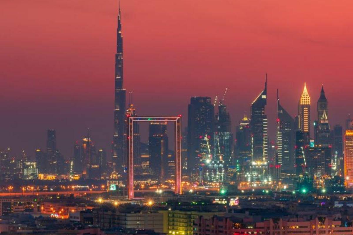 Dubai skyline with Burj Khalifa and Dubai Frame at sunset