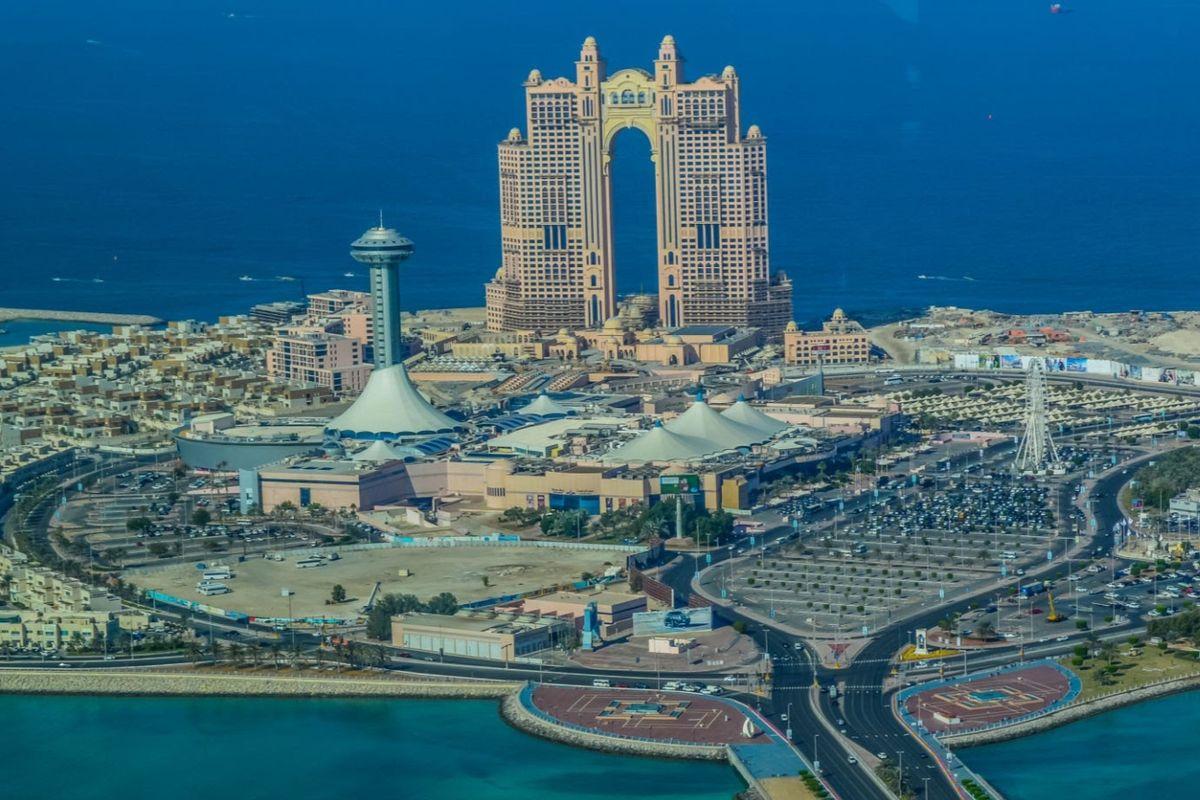 Aerial view of Fairmont Marina Residences and Marina Mall waterfront on Abu Dhabi city tour