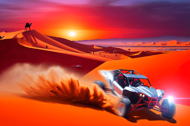 Dune buggy racing across red sand dunes with sandboarding gear in Dubai desert
