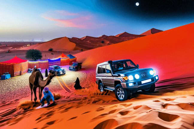 Premium desert safari at sunset: dune bashing, sandboarding and camels in Dubai