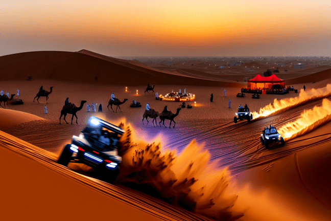Dune buggies racing across Dubai red sand dunes at sunset with desert camp