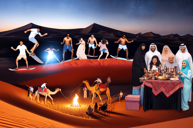 Sandboarding down red dunes with camel riding and entertainment at Dubai safari