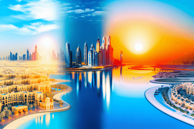 Dubai skyline showing summer and winter weather contrast for trip planning