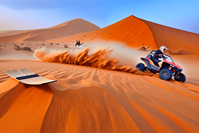 Dune buggy speeding through towering Dubai desert dunes kicking up sand