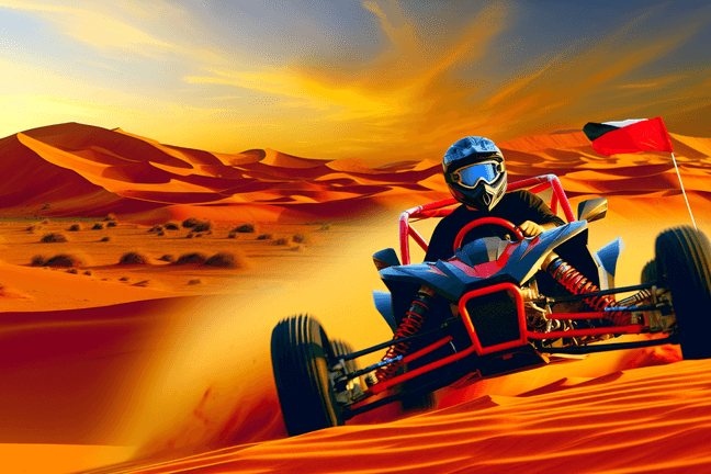 Dune buggy with safety gear racing through red sand dunes in Dubai at sunset