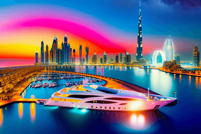 Luxury yacht cruising Dubai Marina at sunset with Burj Khalifa and Palm Jumeirah