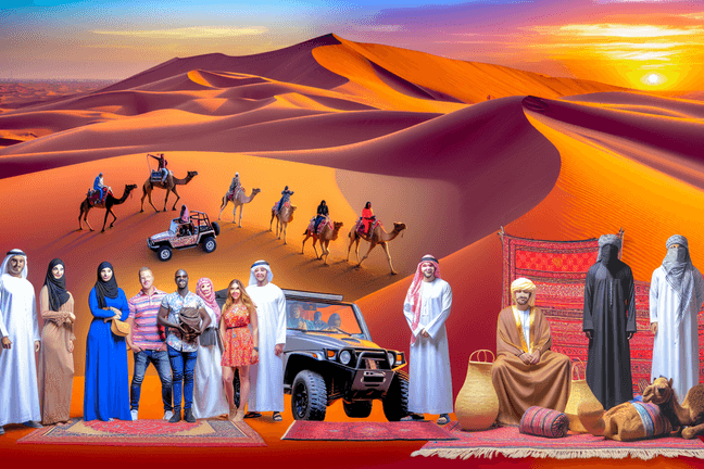 Tourists with dune buggies on red sand dunes near Arabian desert camp in Dubai