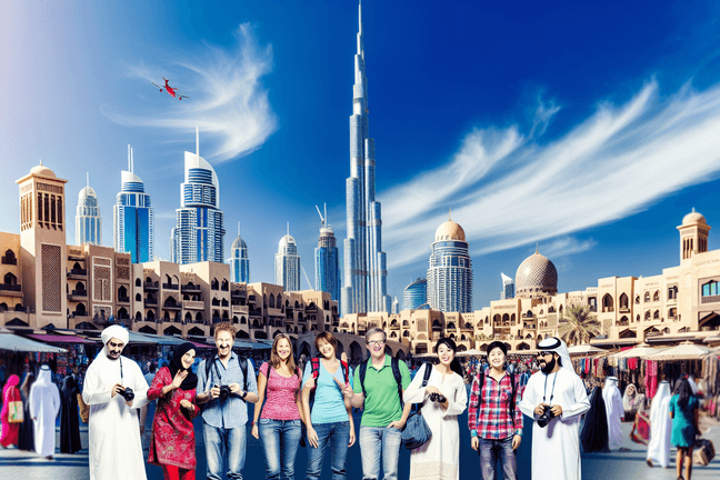 Tourists with guide exploring Dubai souks and Burj Khalifa on city tour