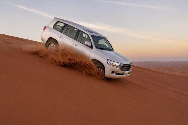 Land Cruiser dune bashing down a red Dubai dune in soft morning light