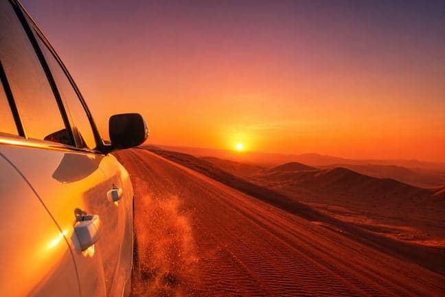 Toyota Land Cruiser cresting red sand dune in Dubai desert at golden hour with dust trail