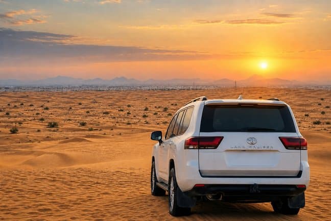 White Toyota Land Cruiser facing the desert sunset on a Dubai safari