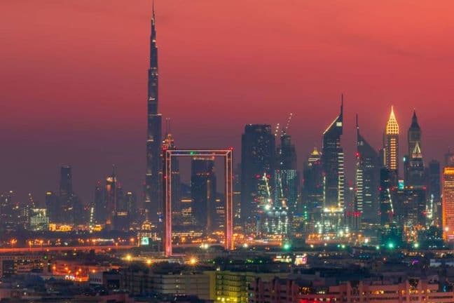 Dubai skyline with Burj Khalifa and Dubai Frame at sunset