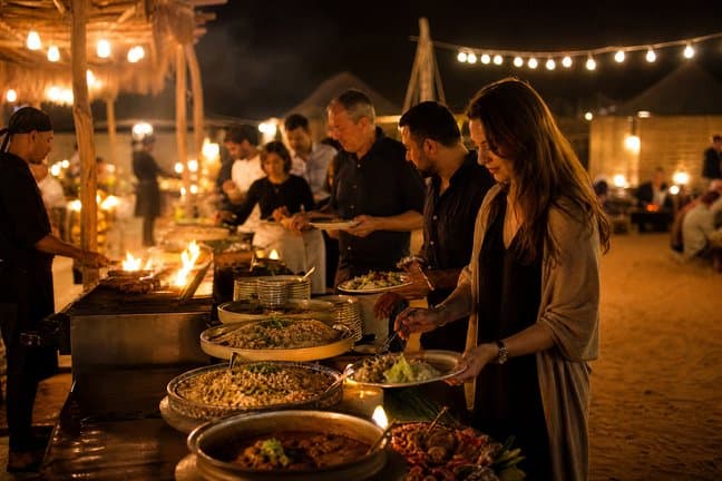 Guests serving BBQ dinner at a lantern-lit Dubai desert safari camp at night