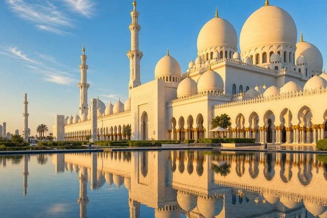 Sheikh Zayed Grand Mosque white marble domes reflected in pool at golden hour