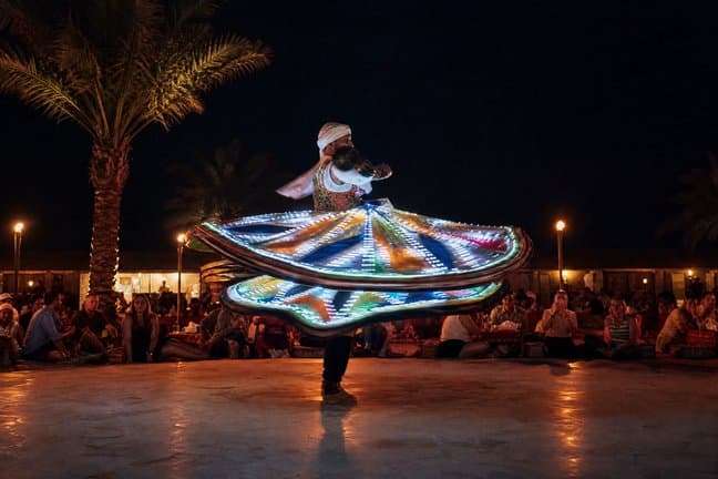 Tanoura dancer spinning in a glowing LED skirt at a Dubai desert safari show