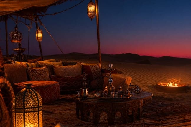 Premium Dubai desert safari camp at dusk with warm lantern lighting and red dune backdrop
