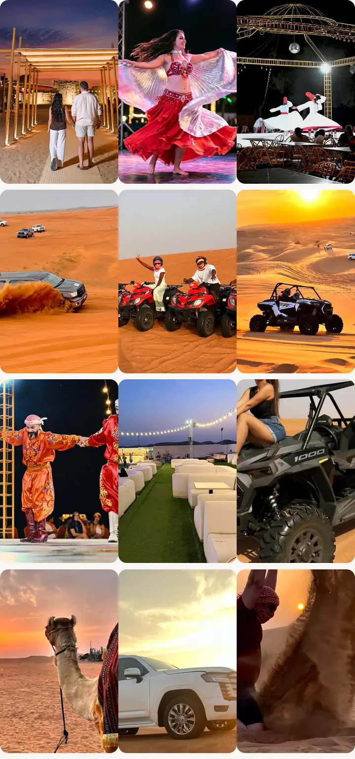 Reels-style wall of real photos from our Dubai desert safari: camp at dusk, Land Cruiser dune bashing, folk dancers, camel at sunset, belly dancer, quad biking, Premium lounge, Land Cruiser at sunset, tanoura show, dune buggies at sunset and guests playing in the sand