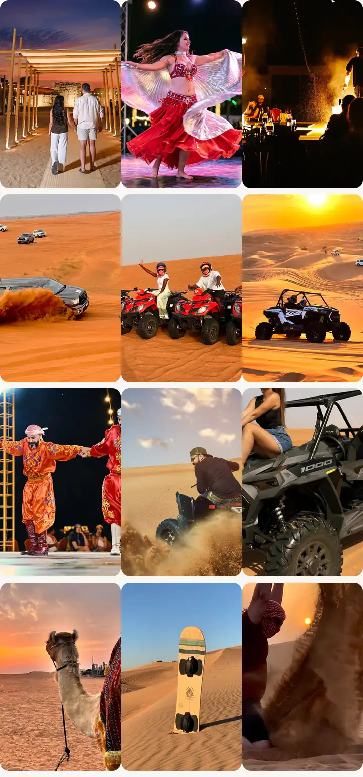 Reels-style wall of real photos from our Dubai desert safari: camp at dusk, Land Cruiser dune bashing, folk dancers, camel at sunset, belly dancer, quad biking, a rider spraying sand on a quad, a sandboard on the dunes, the fire show, dune buggies at sunset and guests playing in the sand
